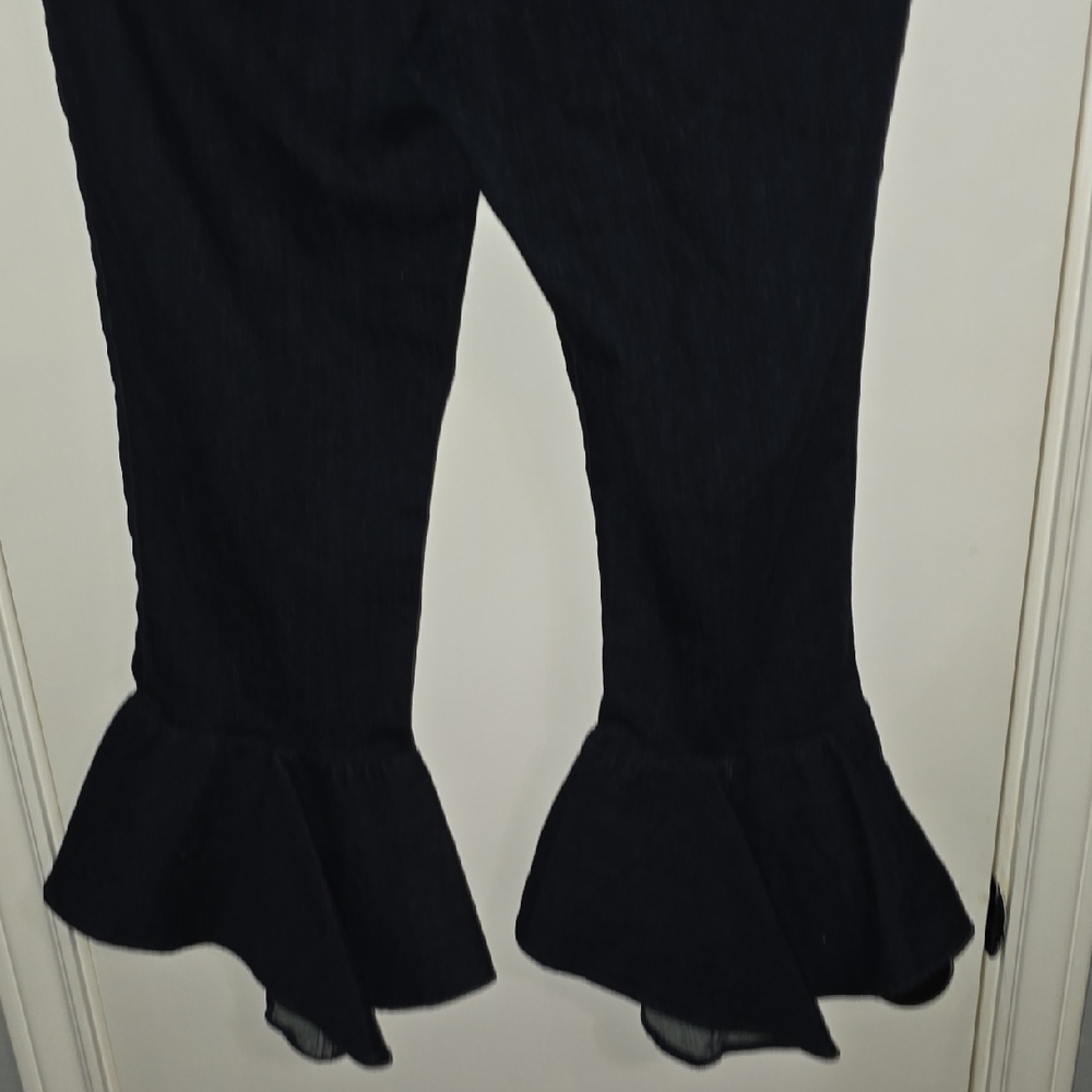 Donna DEGNAN Dark Denim Flared Ruffle Hem Jeans Sz 8 - Picture 7 of 10